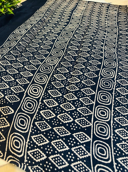 Navy Blue Pure Mul Cotton Hand Block Printed Saree