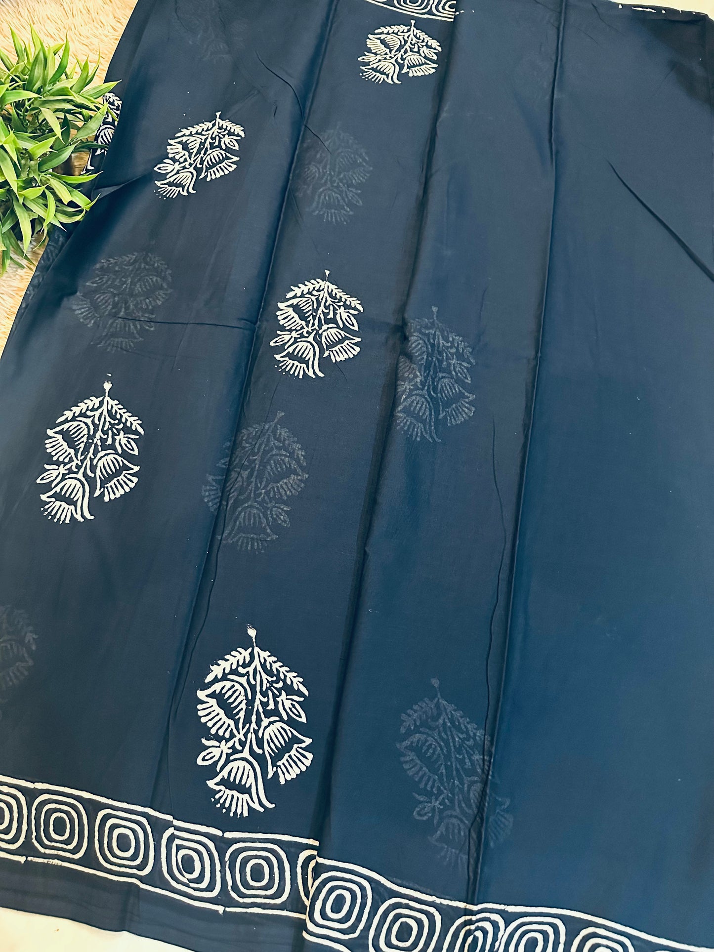 Navy Blue Pure Mul Cotton Hand Block Printed Saree