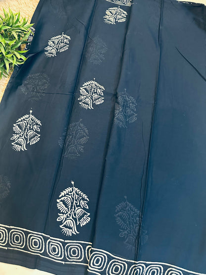 Navy Blue Pure Mul Cotton Hand Block Printed Saree
