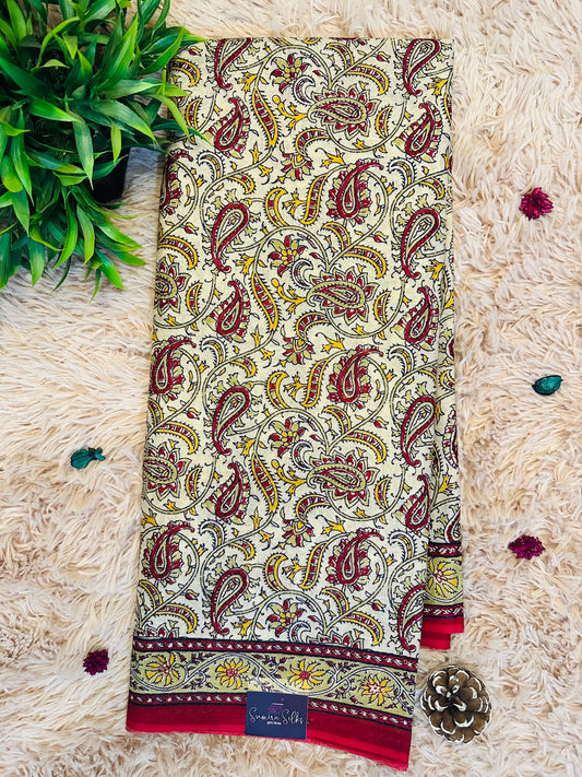 Maroon Pure Mul Cotton Hand Block Printed Saree