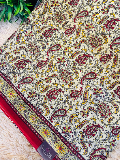 Maroon Pure Mul Cotton Hand Block Printed Saree