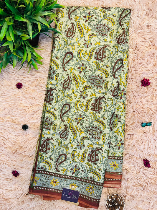 Light Green Pure Mul Cotton Hand Block Printed Saree