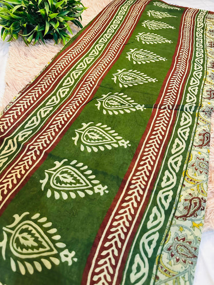 Light Green Pure Mul Cotton Hand Block Printed Saree
