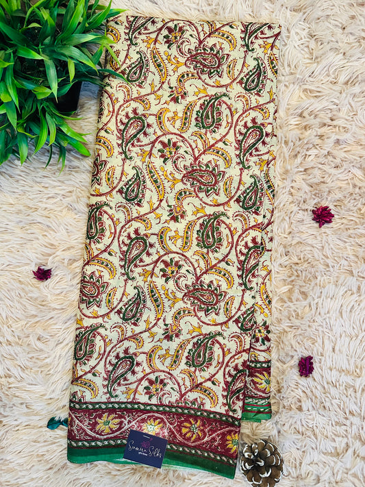 Beige Pure Mul Cotton Hand Block Printed Saree