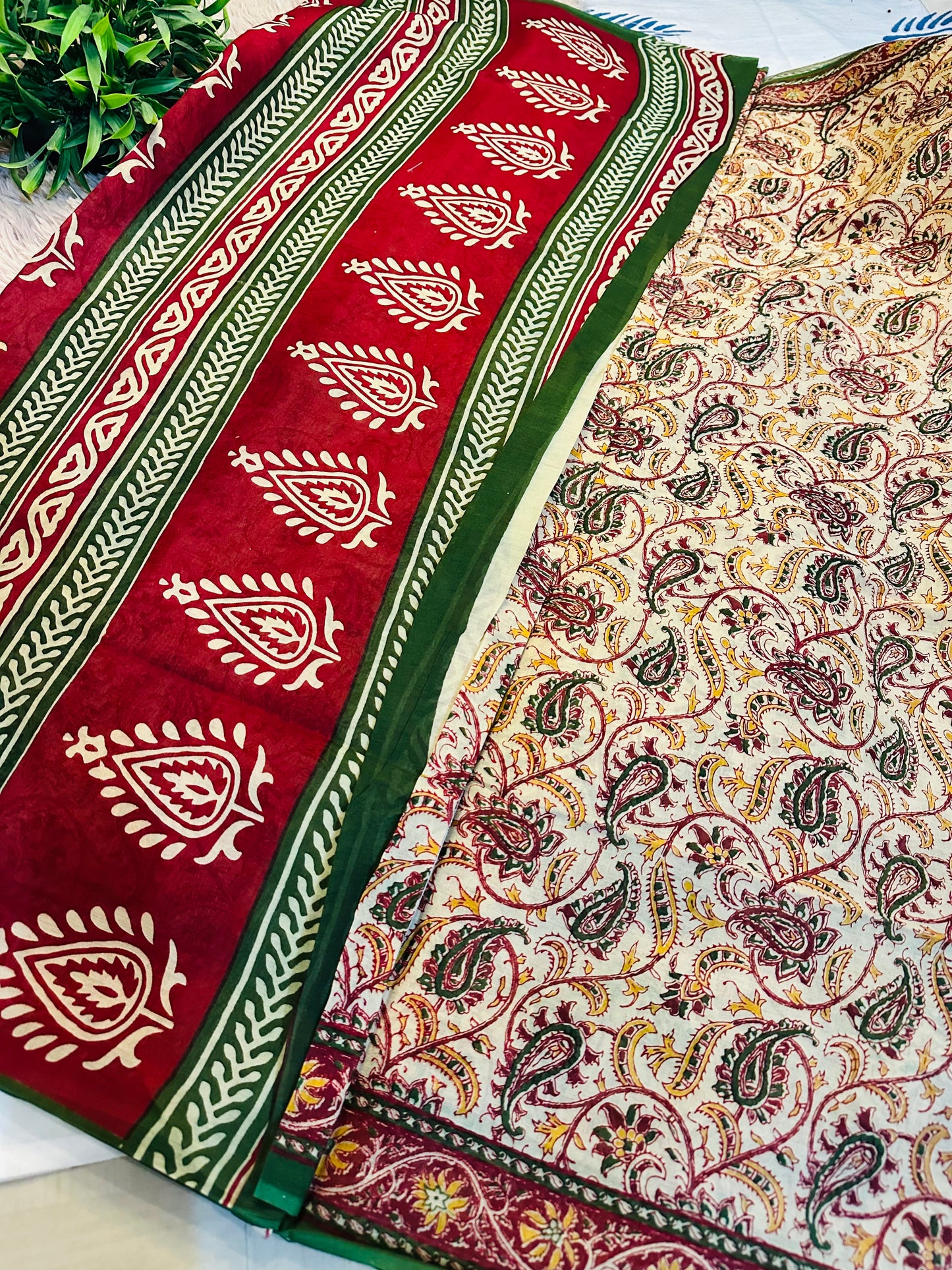 Beige Pure Mul Cotton Hand Block Printed Saree