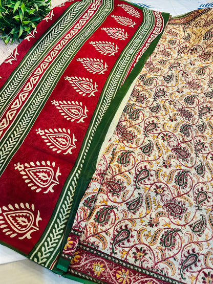 Beige Pure Mul Cotton Hand Block Printed Saree