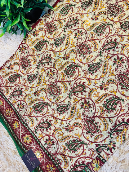 Beige Pure Mul Cotton Hand Block Printed Saree
