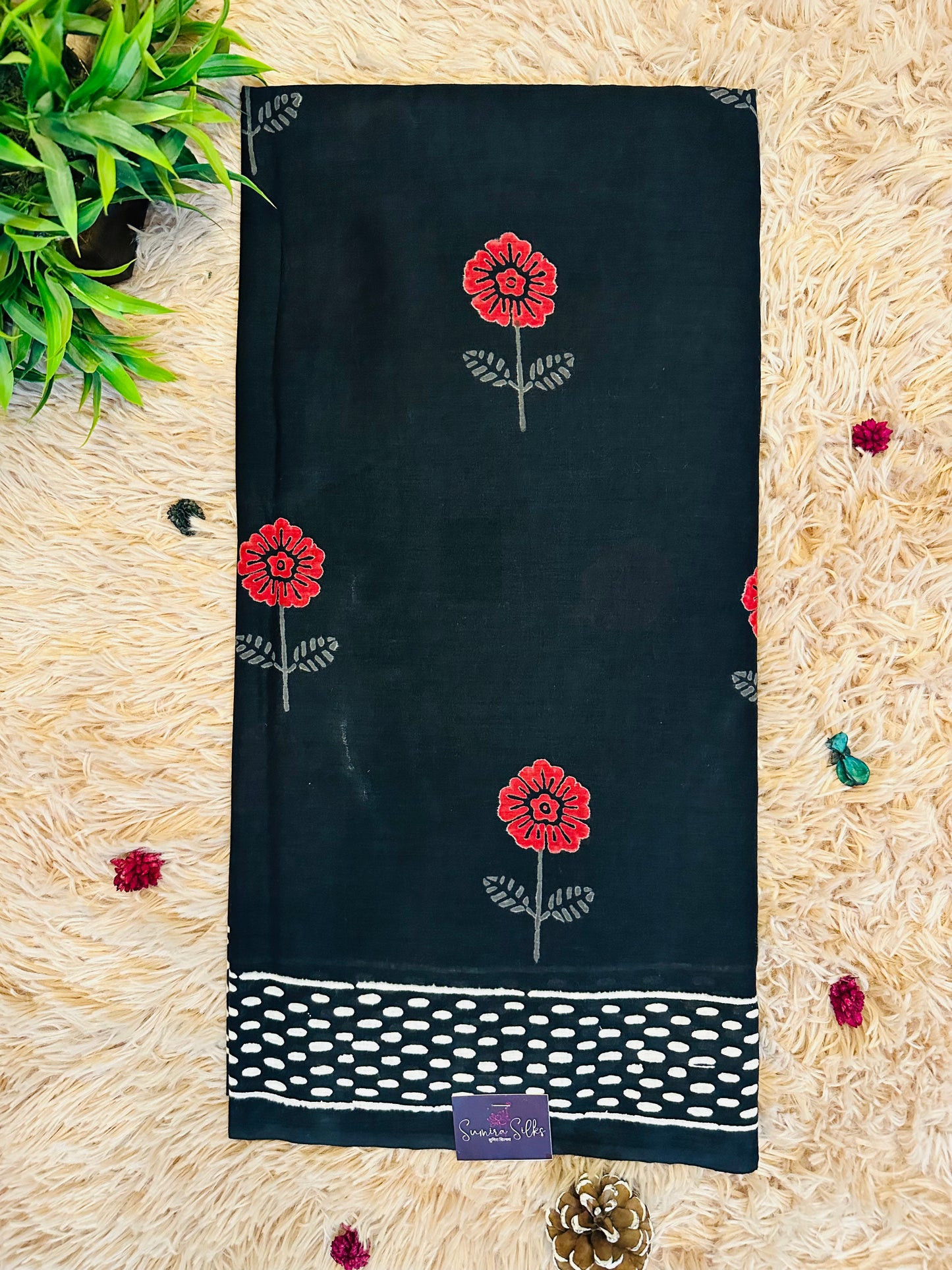 Black Pure Mul Cotton Hand Block Printed Saree
