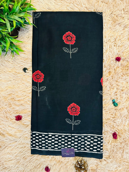 Black Pure Mul Cotton Hand Block Printed Saree