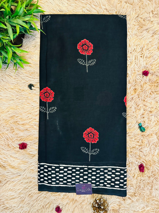 Black Pure Mul Cotton Hand Block Printed Saree