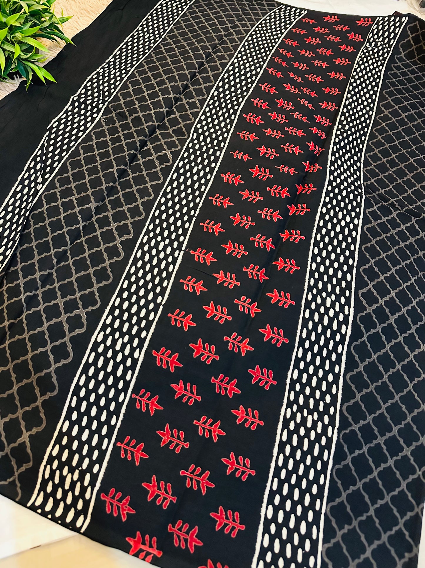 Black Pure Mul Cotton Hand Block Printed Saree