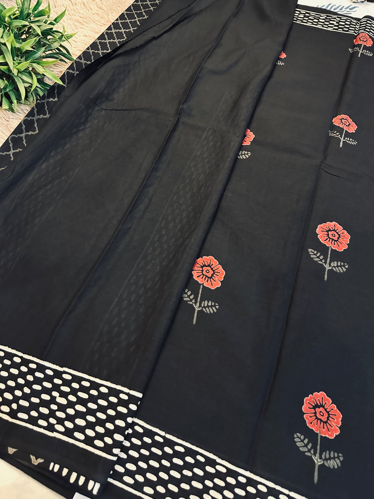 Black Pure Mul Cotton Hand Block Printed Saree