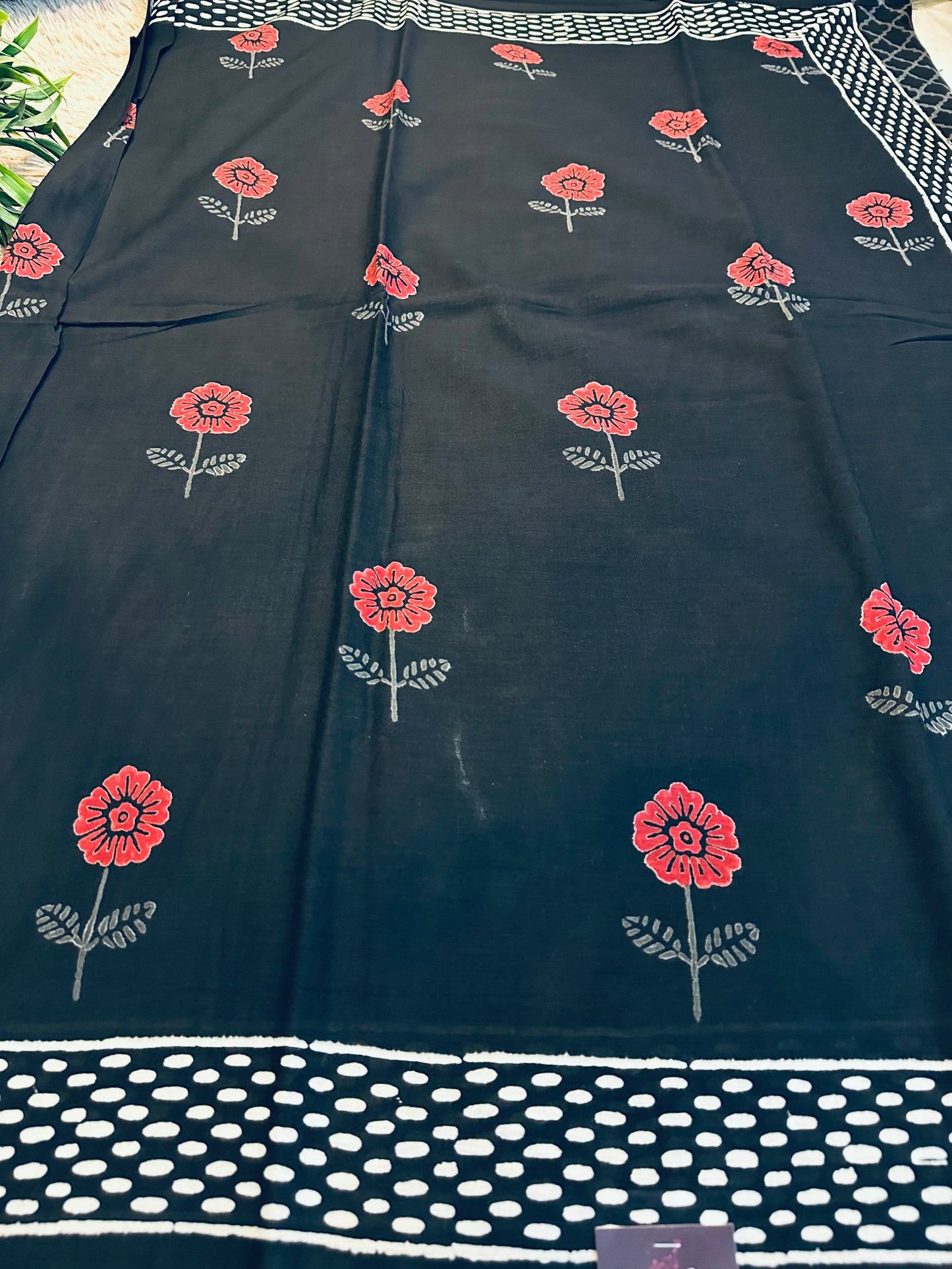 Black Pure Mul Cotton Hand Block Printed Saree