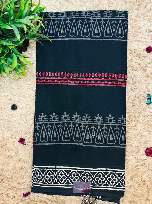 Black Pure Mul Cotton Hand Block Printed Saree