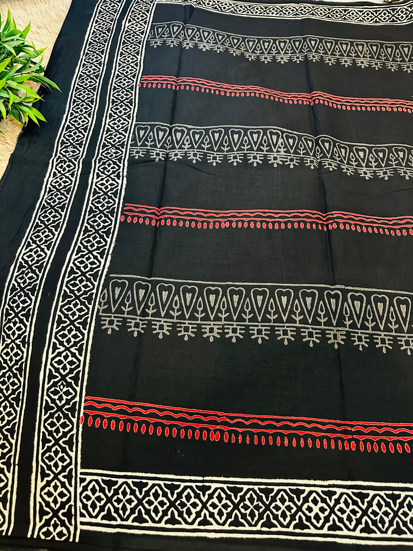 Black Pure Mul Cotton Hand Block Printed Saree