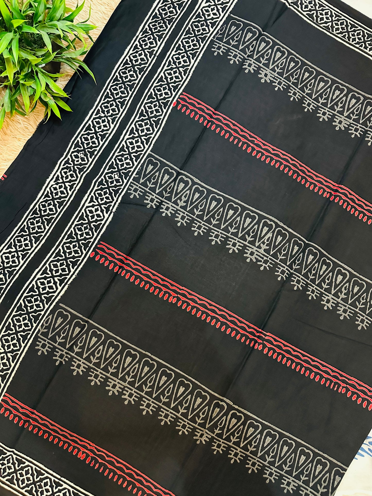Black Pure Mul Cotton Hand Block Printed Saree