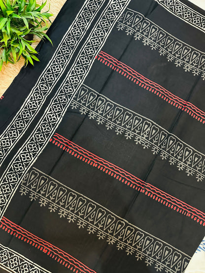 Black Pure Mul Cotton Hand Block Printed Saree