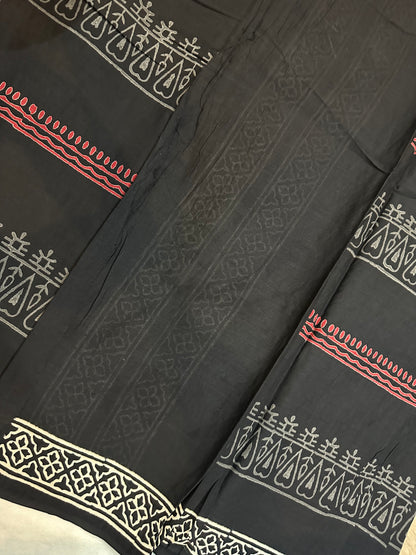 Black Pure Mul Cotton Hand Block Printed Saree