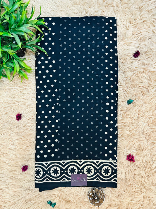 Black Pure Mul Cotton Hand Block Printed Saree