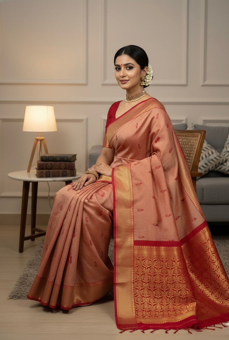 Peach Pure Kalyani Cotton Saree