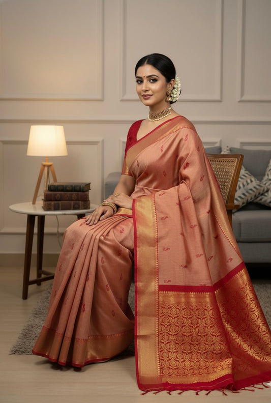 Peach Pure Kalyani Cotton Saree