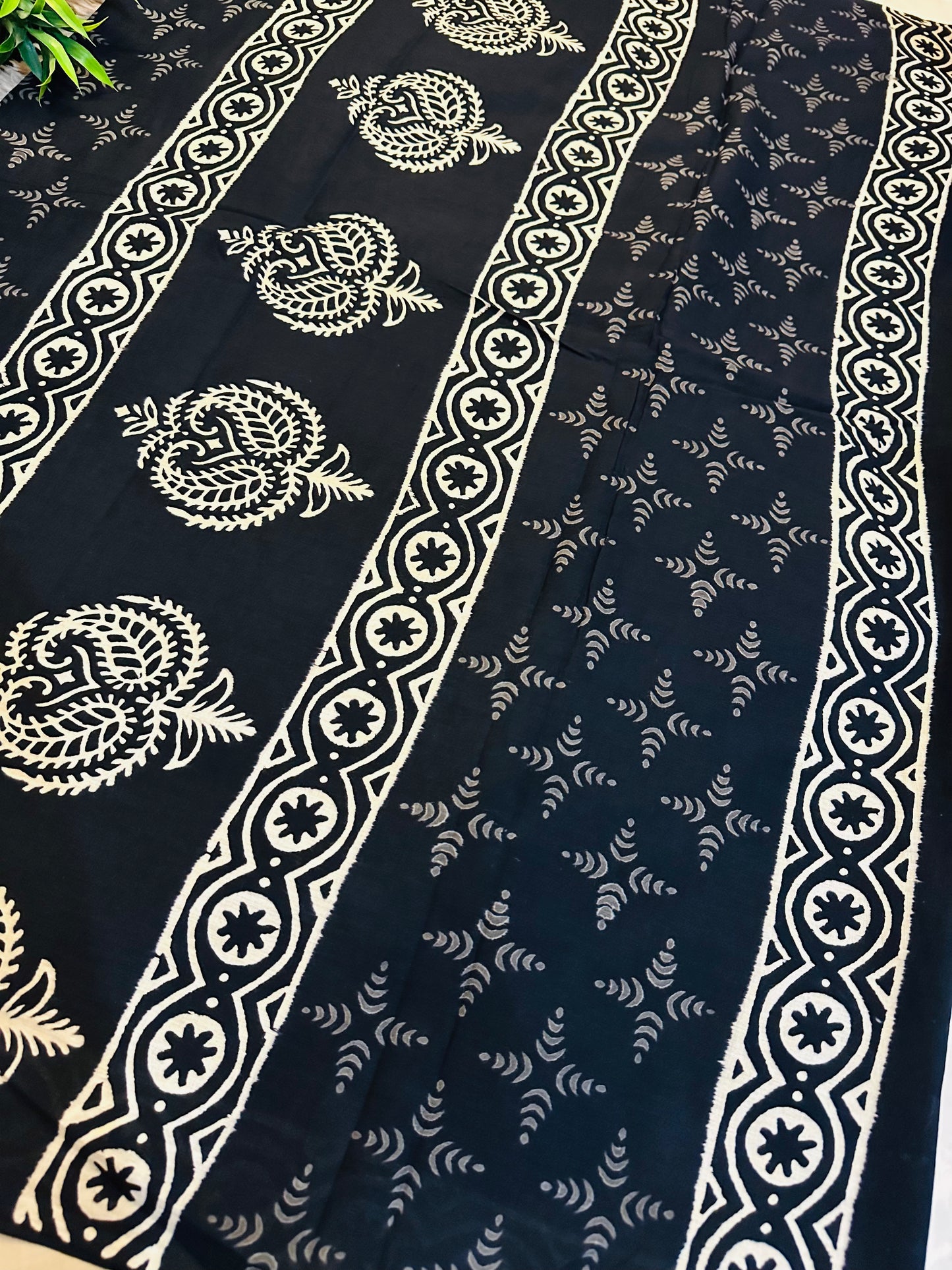 Black Pure Mul Cotton Hand Block Printed Saree