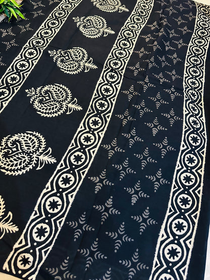 Black Pure Mul Cotton Hand Block Printed Saree