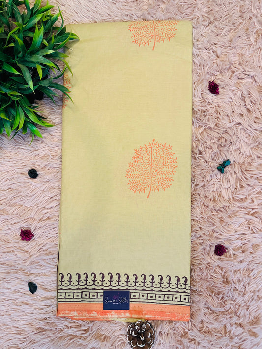 Beige Pure Mul Cotton Hand Block Printed Saree