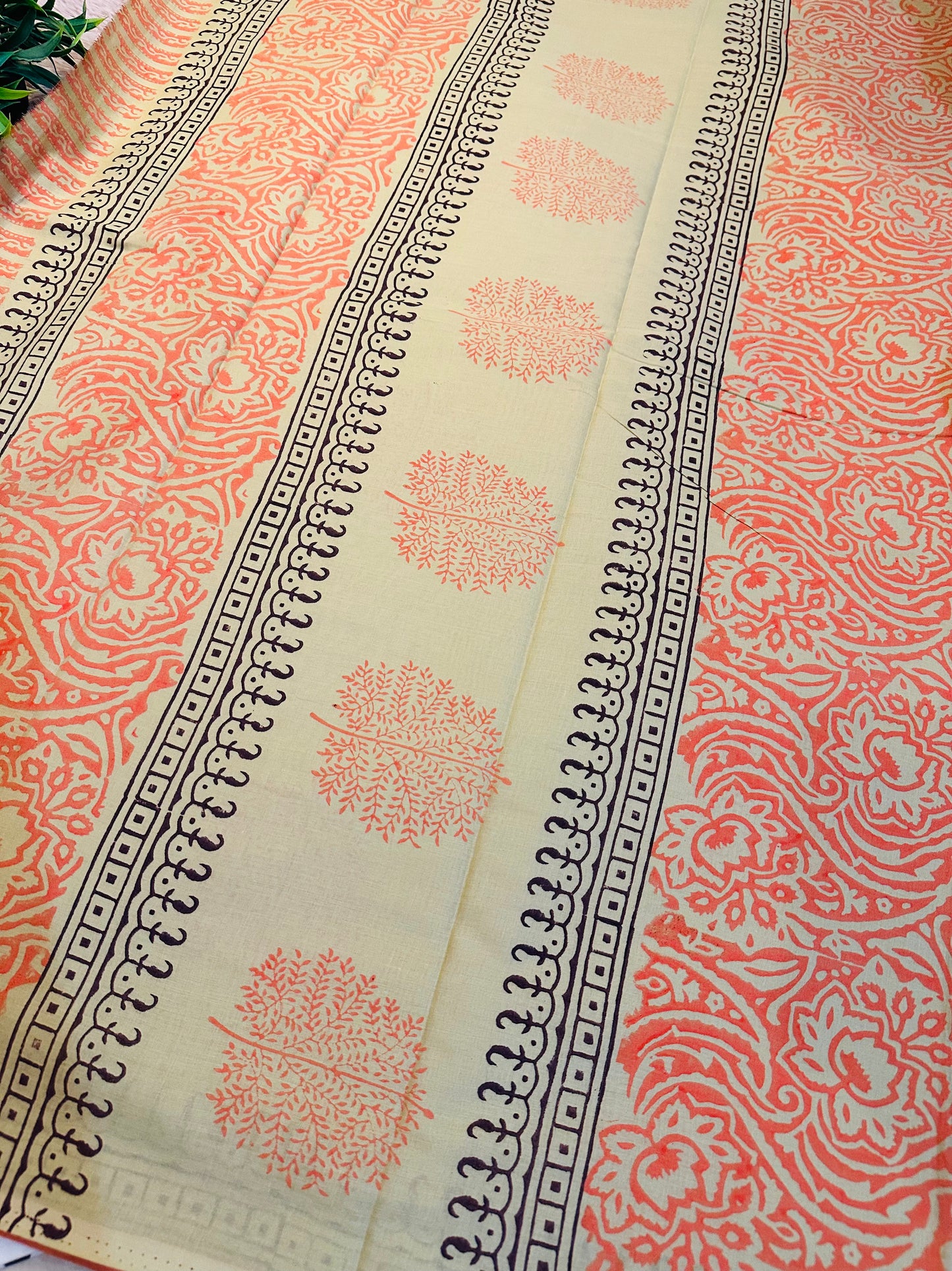 Beige Pure Mul Cotton Hand Block Printed Saree