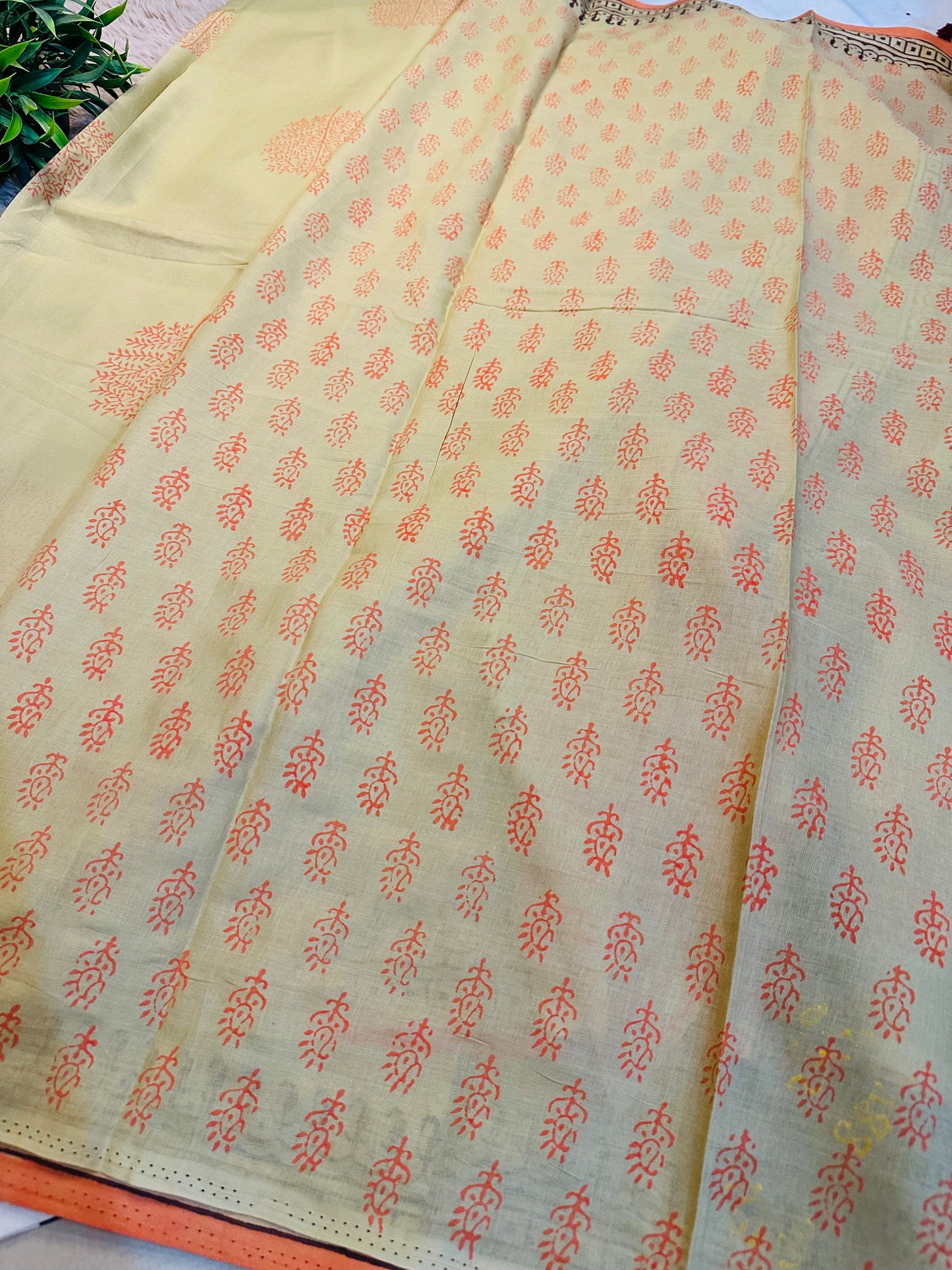 Beige Pure Mul Cotton Hand Block Printed Saree