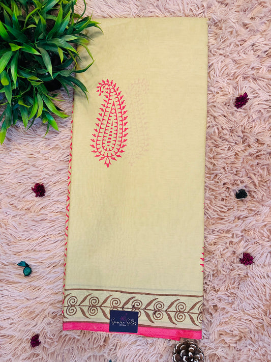 Beige Pure Mul Cotton Hand Block Printed Saree