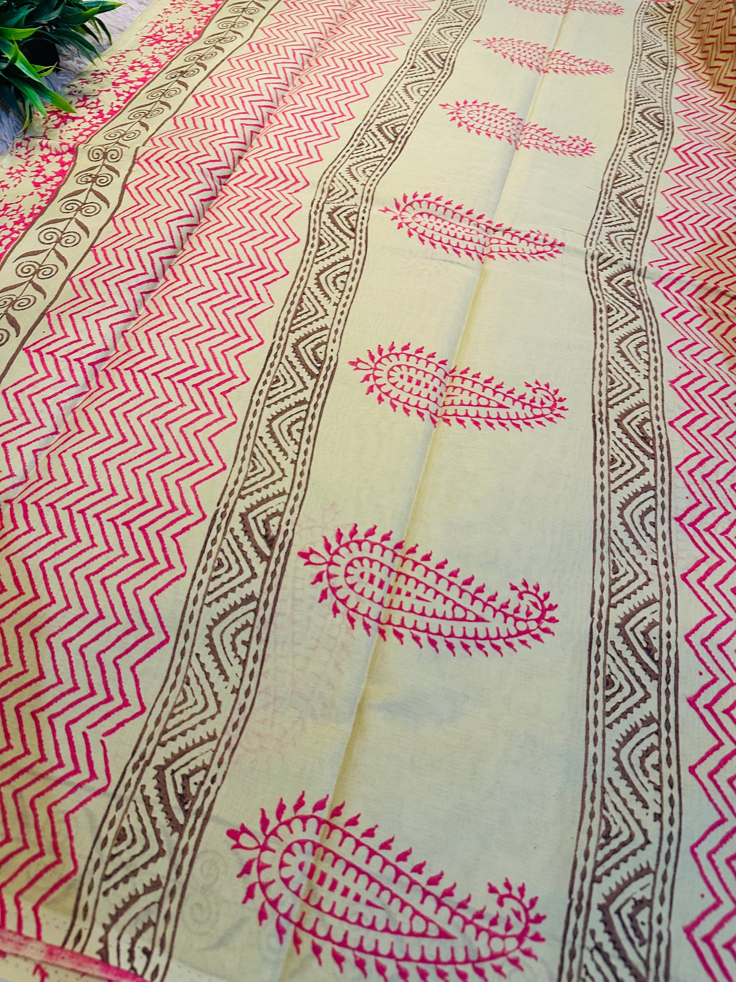 Beige Pure Mul Cotton Hand Block Printed Saree
