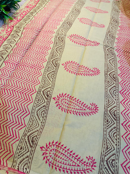 Beige Pure Mul Cotton Hand Block Printed Saree