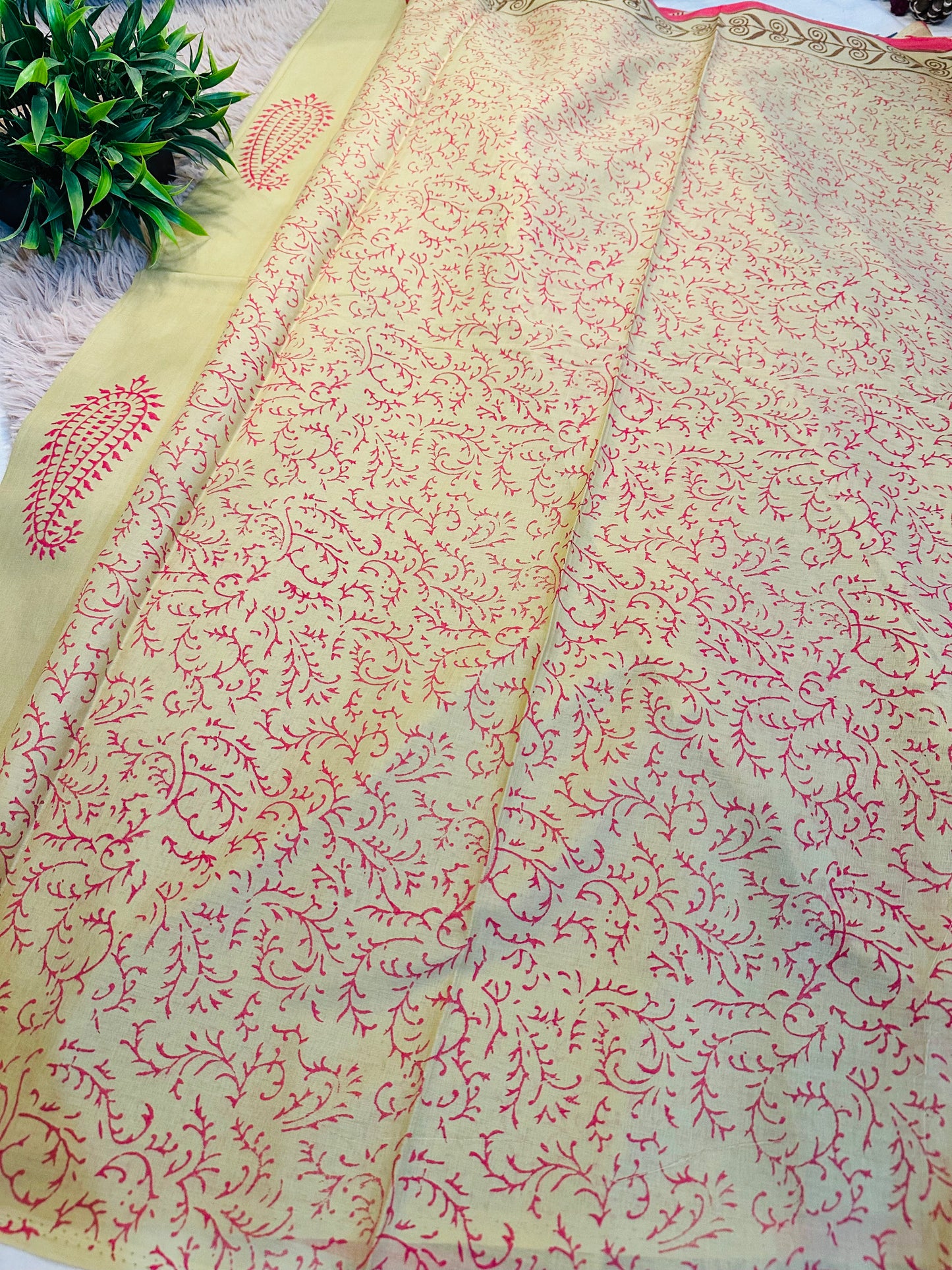 Beige Pure Mul Cotton Hand Block Printed Saree