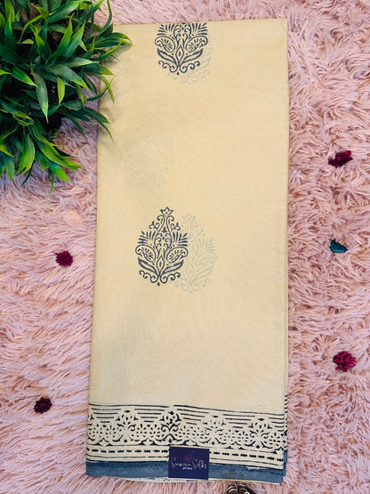 Beige Pure Mul Cotton Hand Block Printed Saree