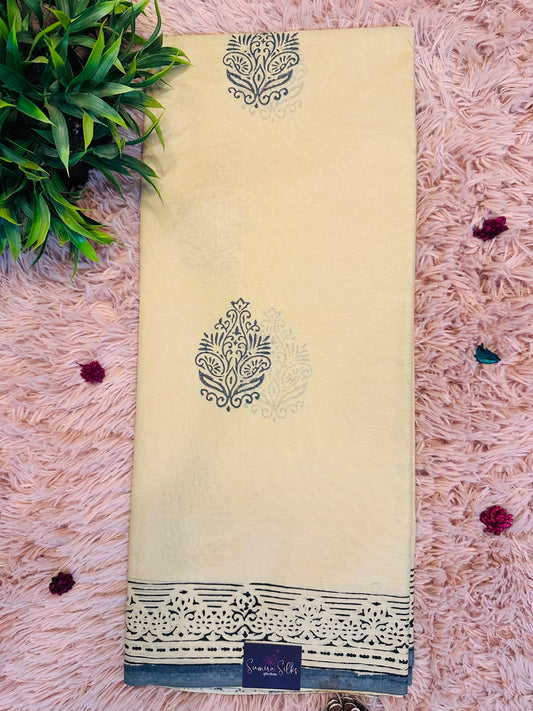 Beige Pure Mul Cotton Hand Block Printed Saree