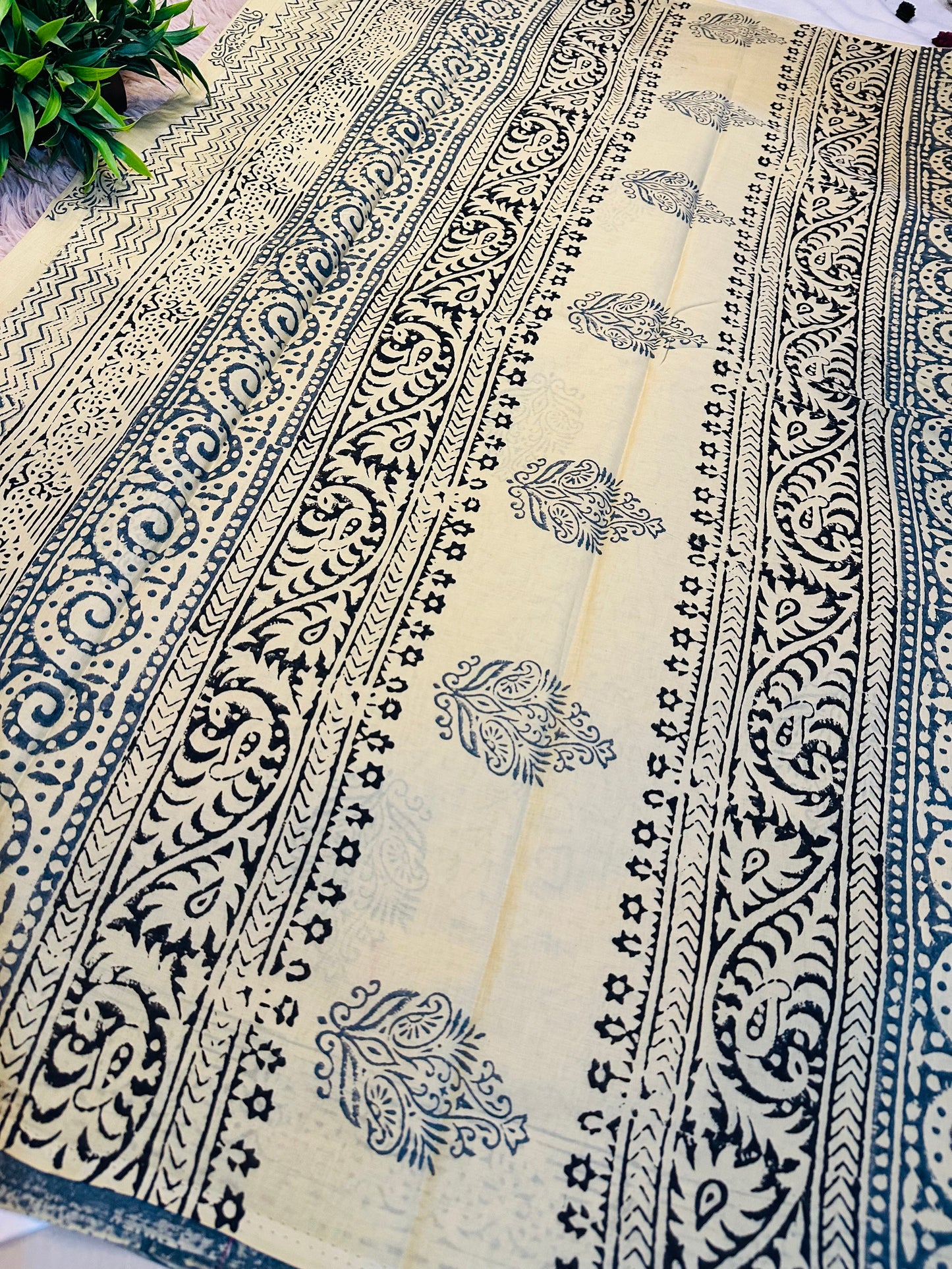 Beige Pure Mul Cotton Hand Block Printed Saree