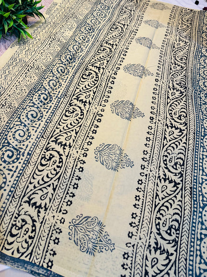 Beige Pure Mul Cotton Hand Block Printed Saree
