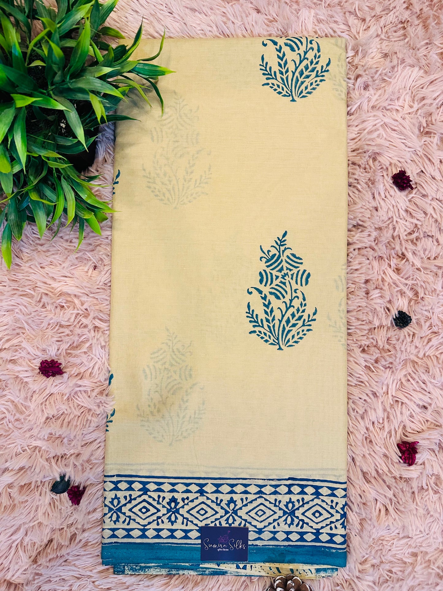 Beige Pure Mul Cotton Hand Block Printed Saree