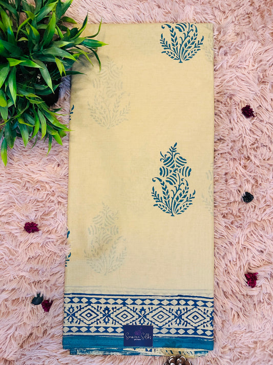 Beige Pure Mul Cotton Hand Block Printed Saree