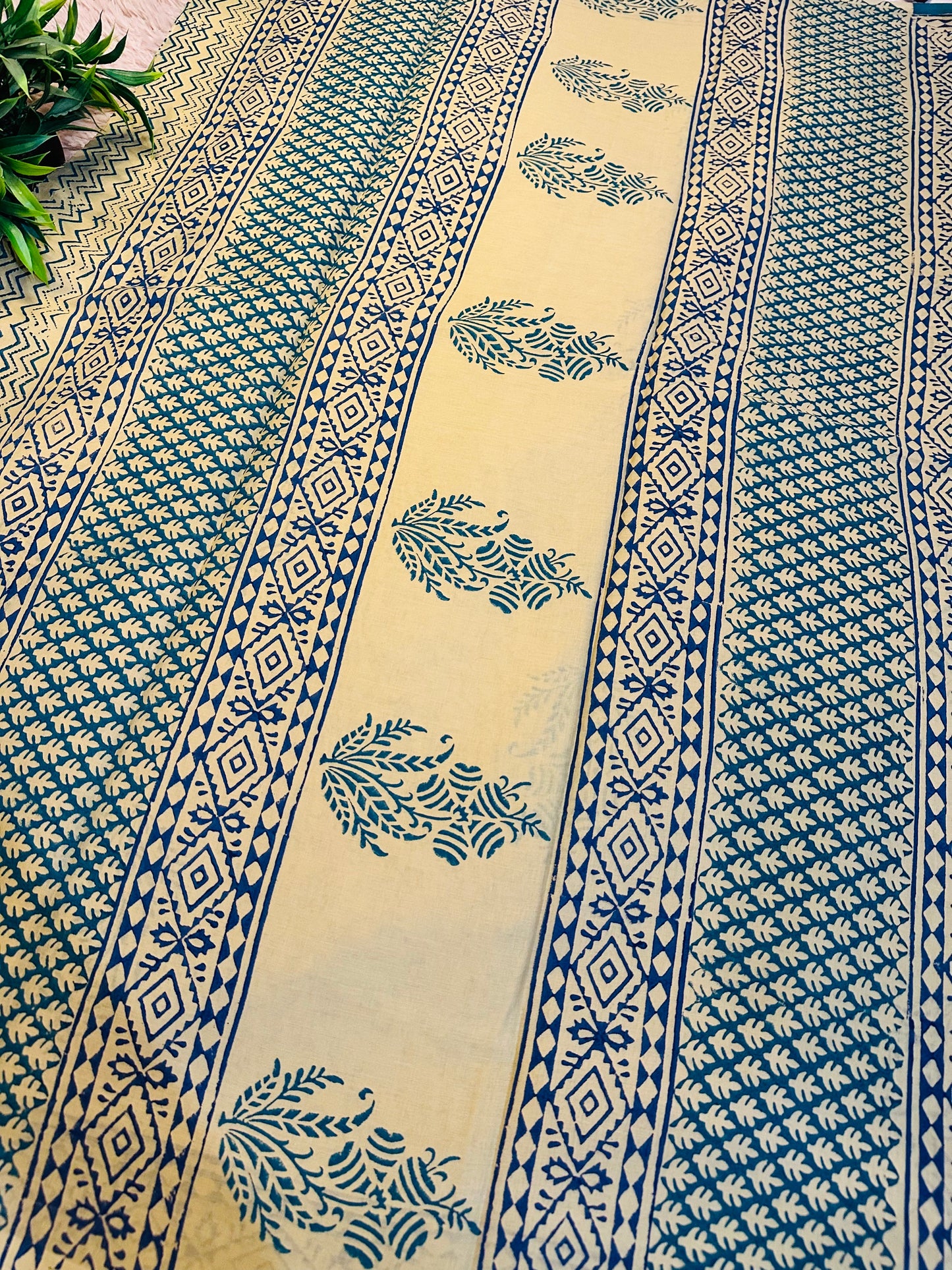 Beige Pure Mul Cotton Hand Block Printed Saree