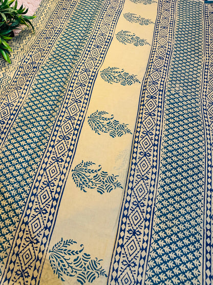Beige Pure Mul Cotton Hand Block Printed Saree
