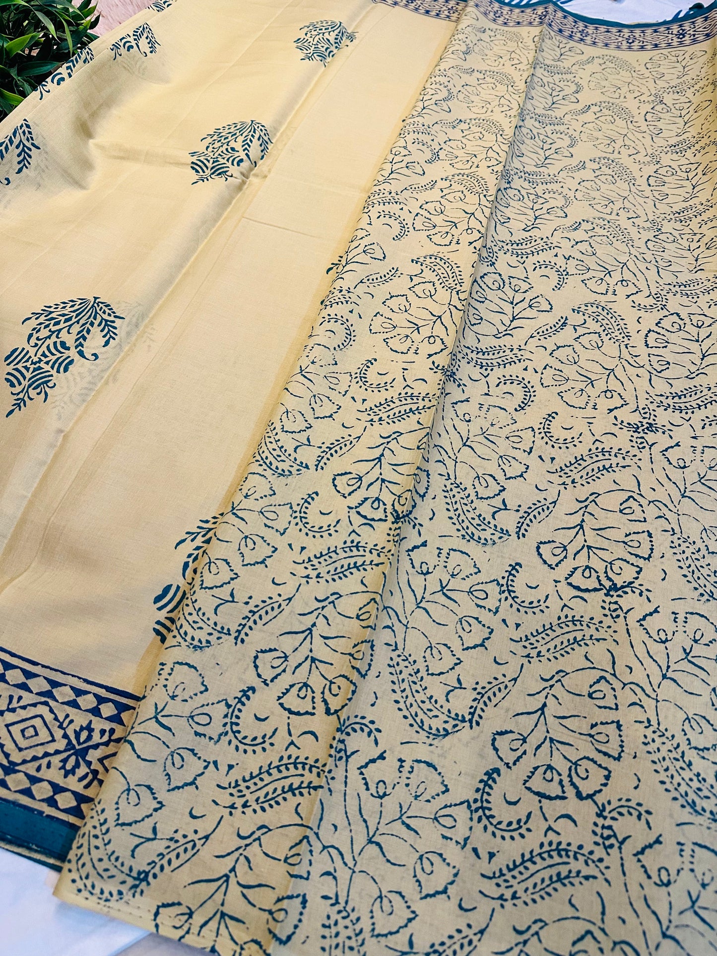 Beige Pure Mul Cotton Hand Block Printed Saree