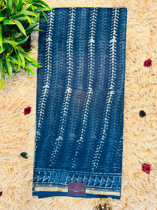 Indigo Printed Pure Chanderi Silk Saree