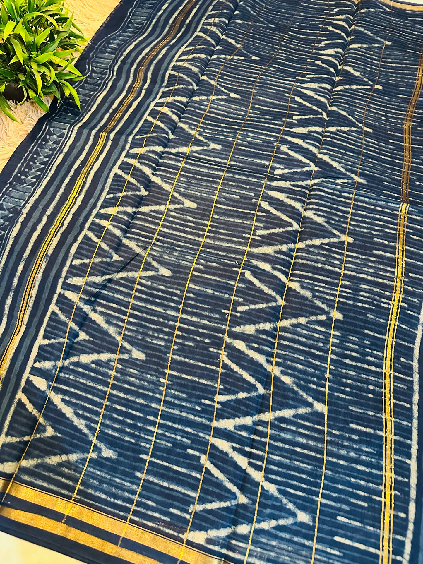 Indigo Printed Pure Chanderi Silk Saree