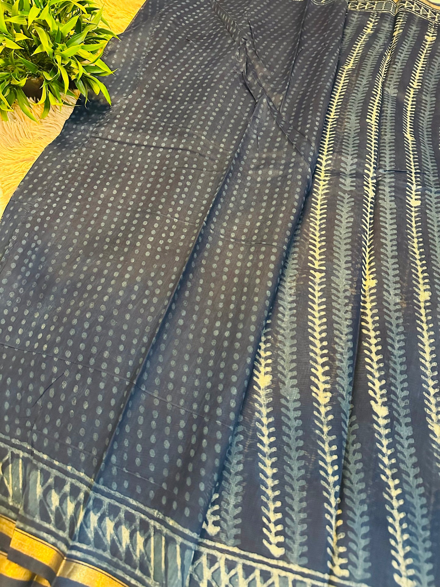 Indigo Printed Pure Chanderi Silk Saree