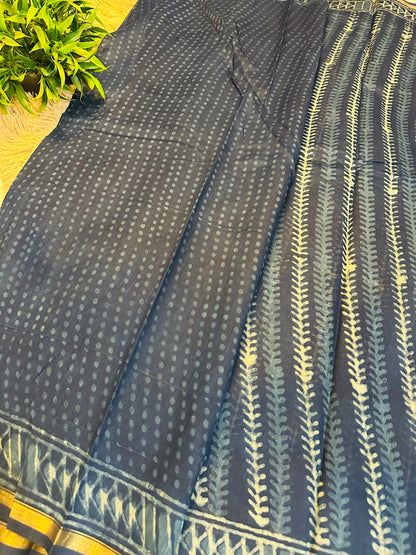 Indigo Printed Pure Chanderi Silk Saree