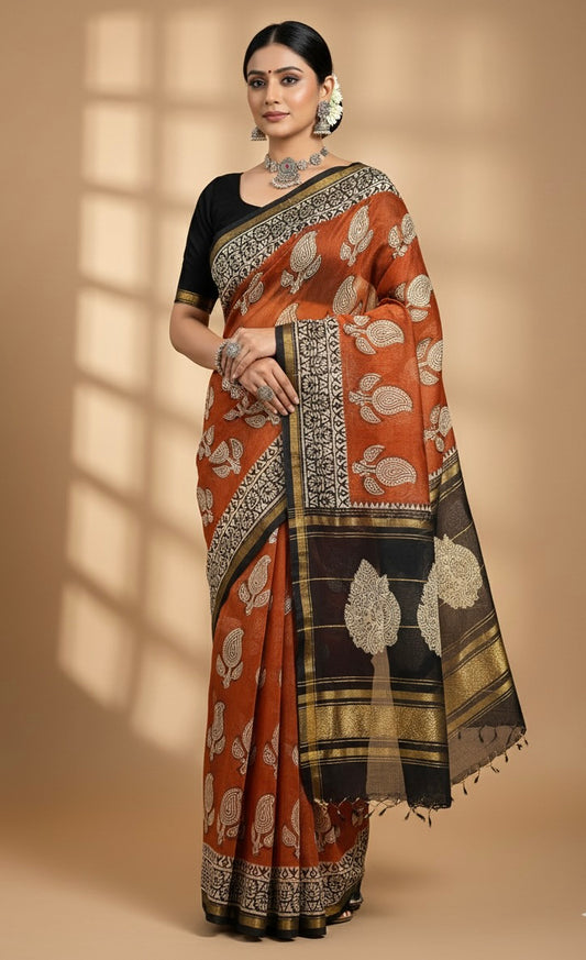 Red Printed Pure Chanderi Silk Saree