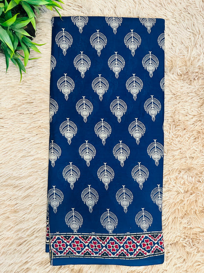 Dark Blue Pure Mul Cotton Hand Block Printed Saree