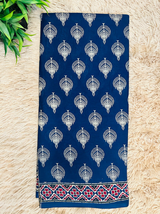 Dark Blue Pure Mul Cotton Hand Block Printed Saree